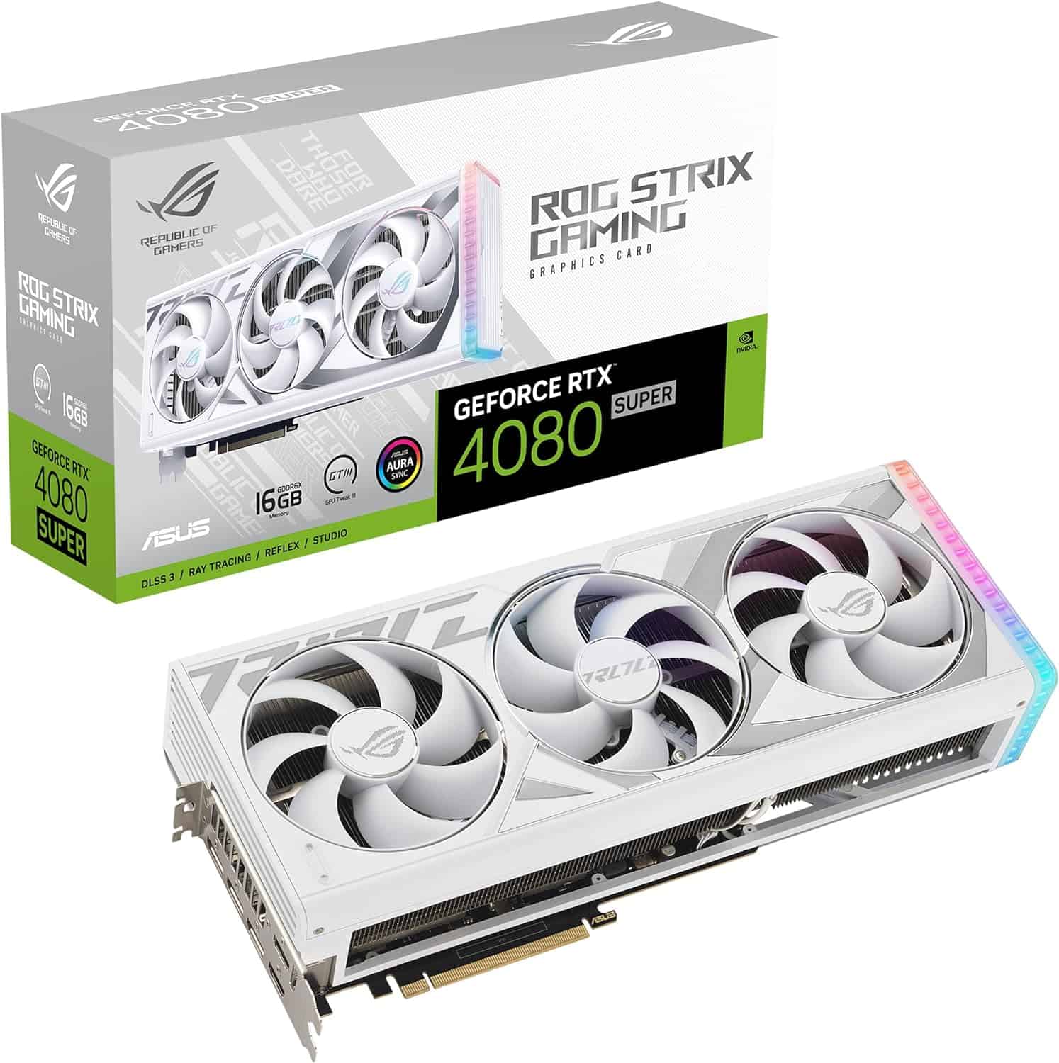 Asus ROG Strix GeForce RTX 4080 Super White OC Edition graphics card with original packaging.