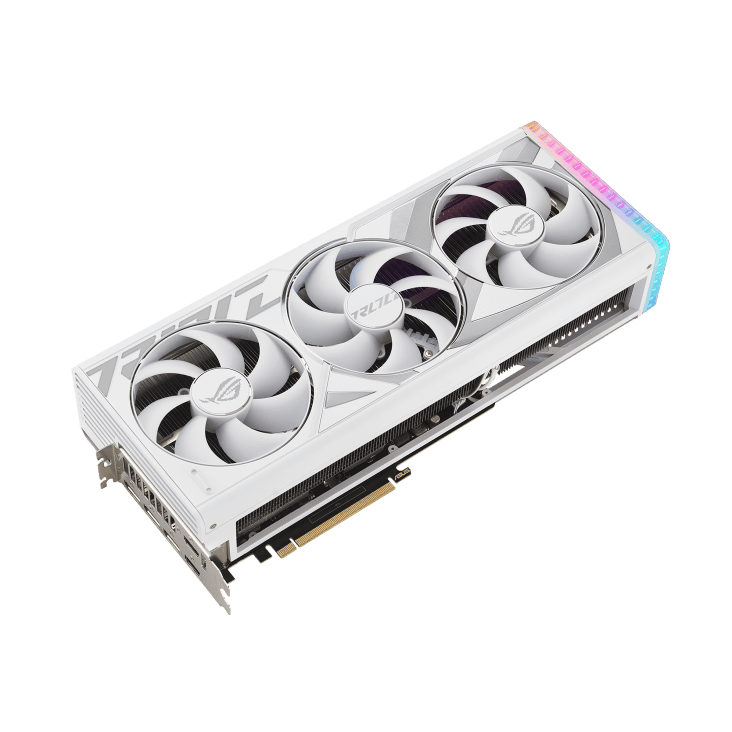 ASUS ROG Strix GeForce RTX 4080 white triple-fan graphics card with RGB lighting elements.
