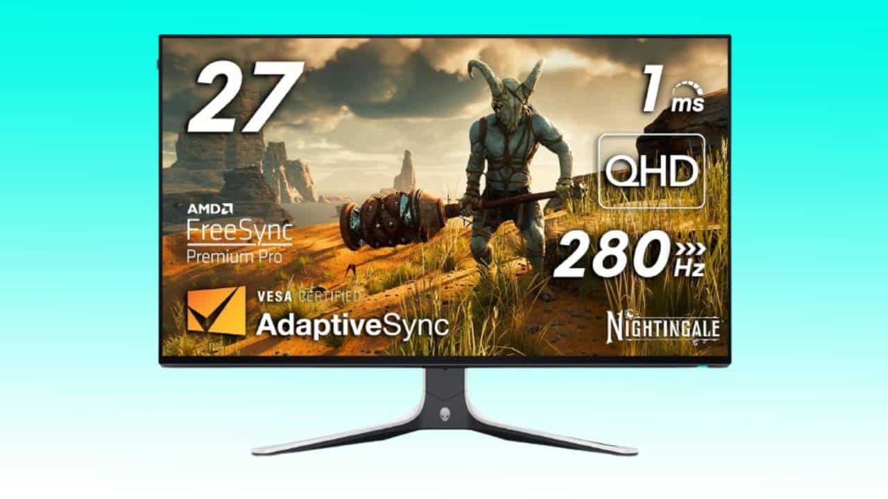 Alienware AW2723DF Gaming Monitor advertises high-resolution and refresh rate features with a fantasy game screenshot on display, available on Amazon.