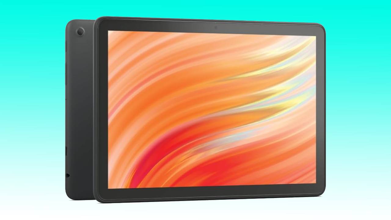 Black Amazon Fire HD 10 Tablet with a colorful abstract wallpaper on a teal background, save $45.