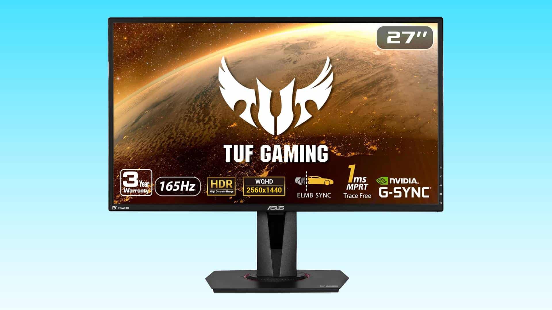 A 27-inch ASUS TUF gaming monitor displaying a space-themed image, featuring a 165hz refresh rate, HDR, and Nvidia G-SYNC technology.