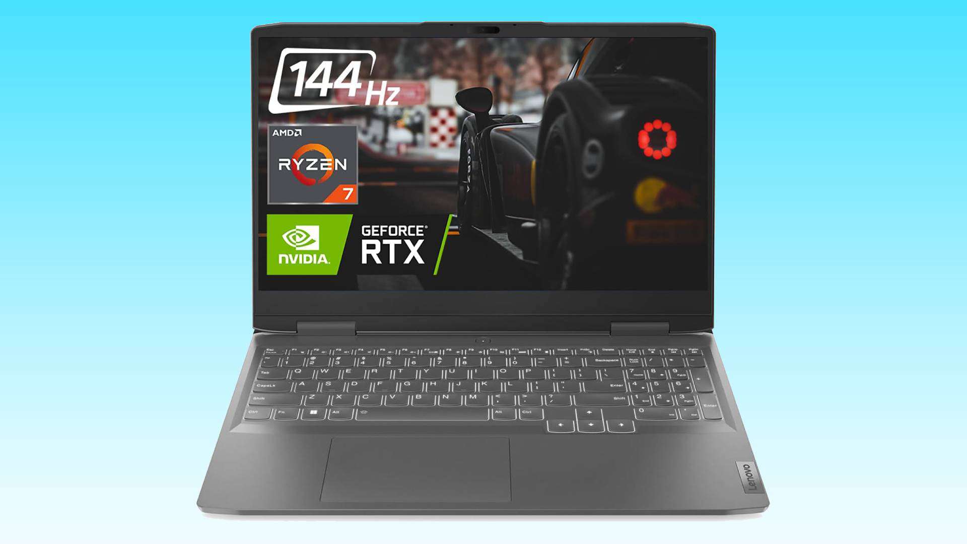 Lenovo RTX 4050 gaming laptop displaying high-performance hardware badges and a racing game on the screen, available with a Save $54 Amazon deal.
