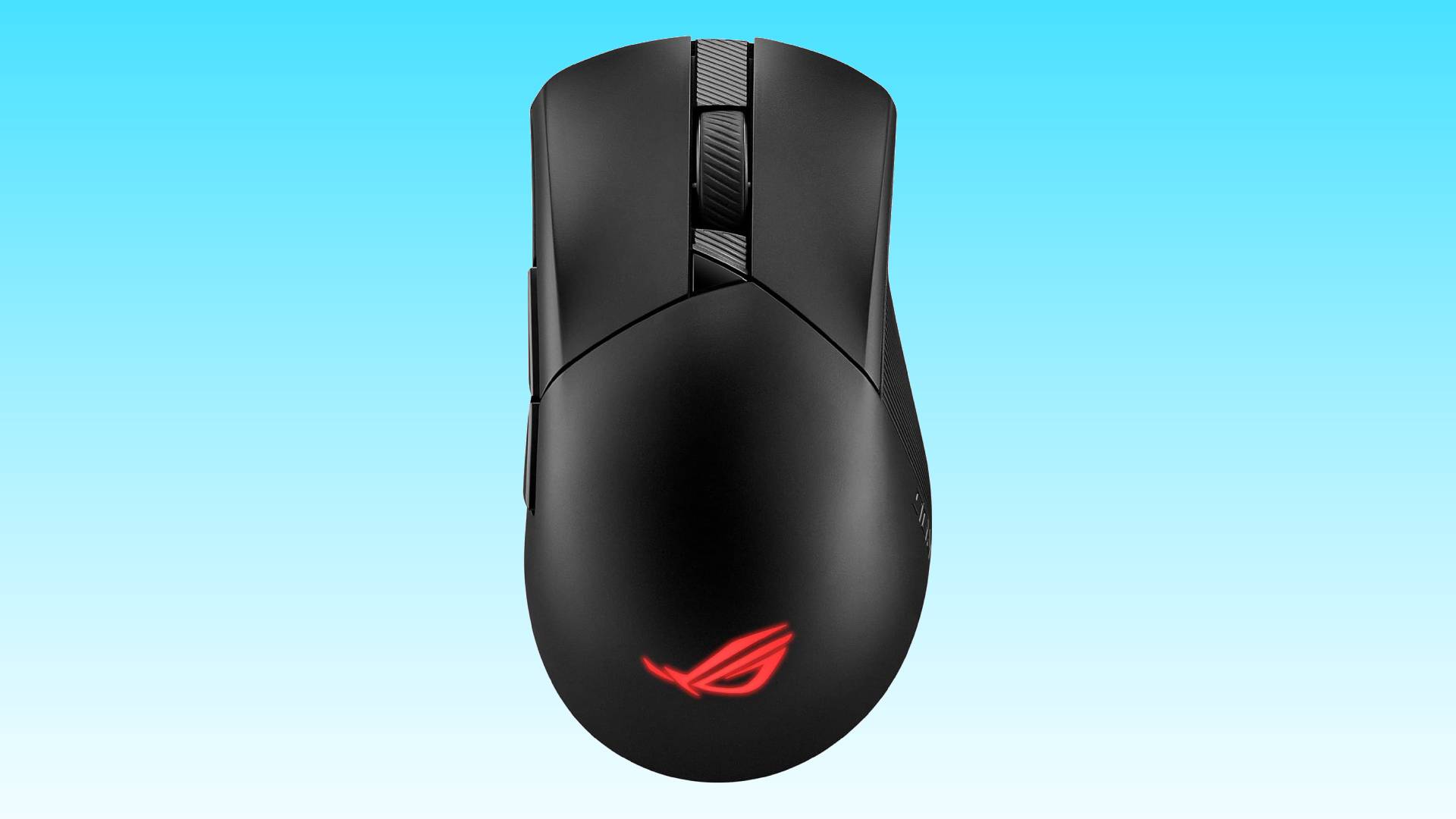 ASUS black wireless gaming mouse against a blue background, perfect for competitive gaming.
