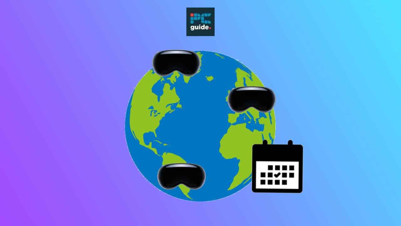 Virtual reality headsets, including the Apple Vision Pro, surrounding a globe with icons indicating a guide and calendar.