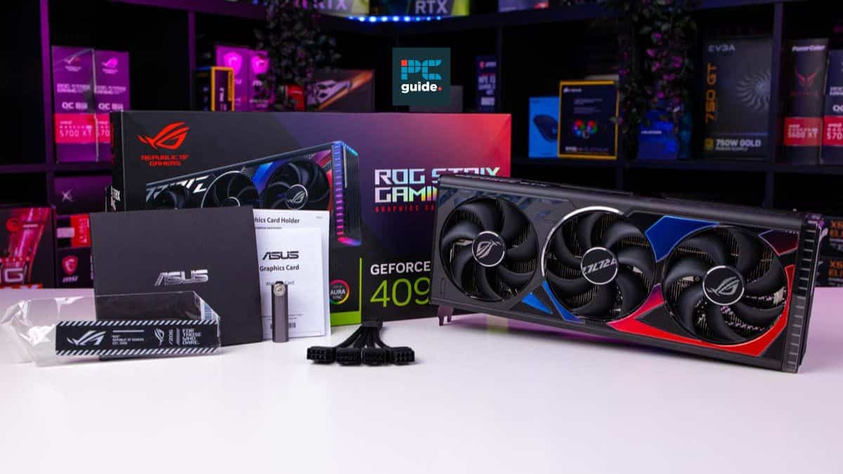 An Asus ROG Strix GeForce RTX 4090 graphics card, the best GPU for Blender, displayed alongside its packaging and accessories.