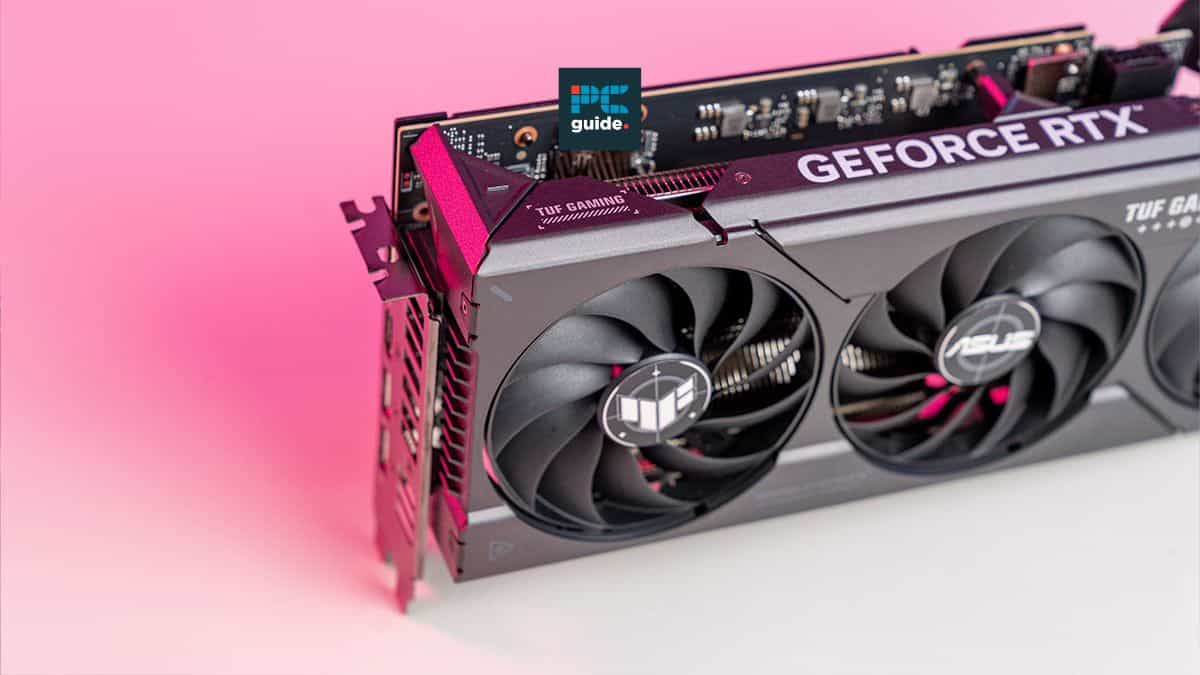 Asus tuf gaming geforce rtx graphics card, best GPU for CS2, on a pink background.