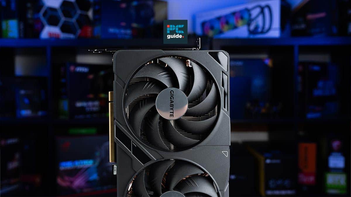 Best RTX 4080 Super Gigabyte graphics card showcased with a blurred background of pc hardware shelves.