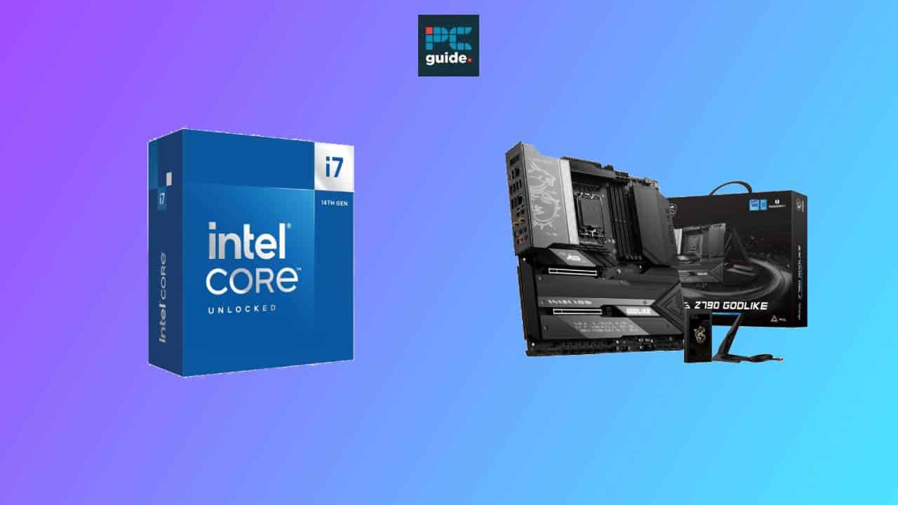 Intel Core i7-14700K processor box and an MSI MEG Z790 motherboard on a blue gradient background.