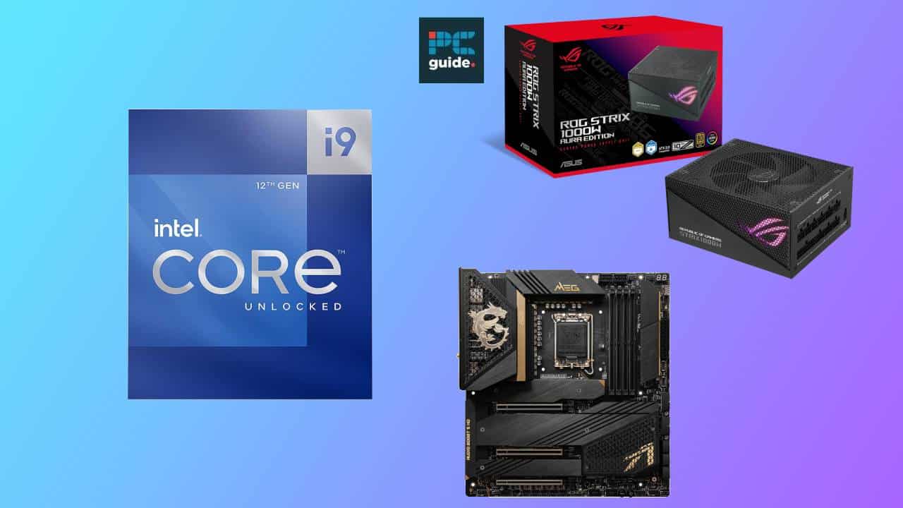 An assortment of computer hardware components showcasing a Core i9-12900K combo, an Asus motherboard, and ROG Strix graphics card packaging, arranged on a blue background.