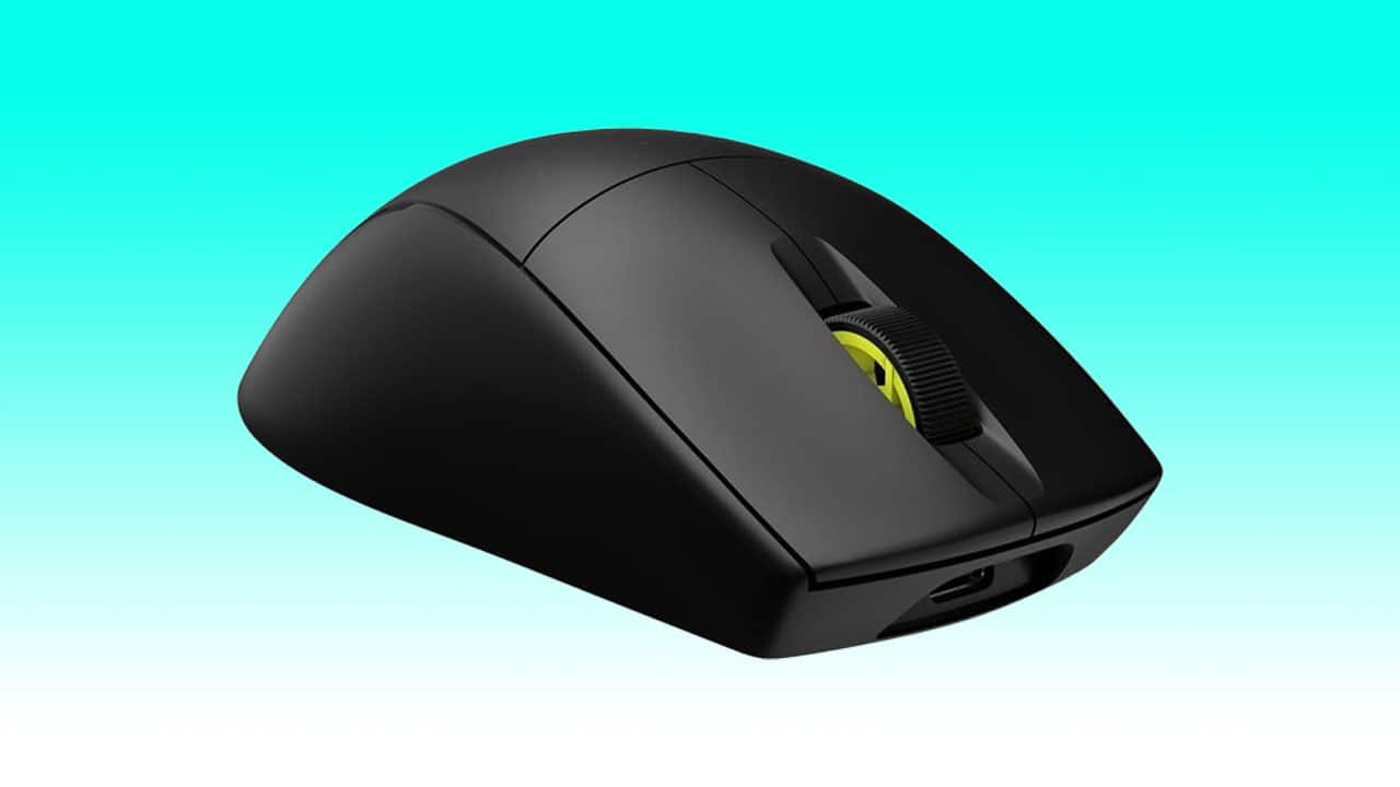 Wireless black Corsair M75 AIR gaming mouse on a teal background.