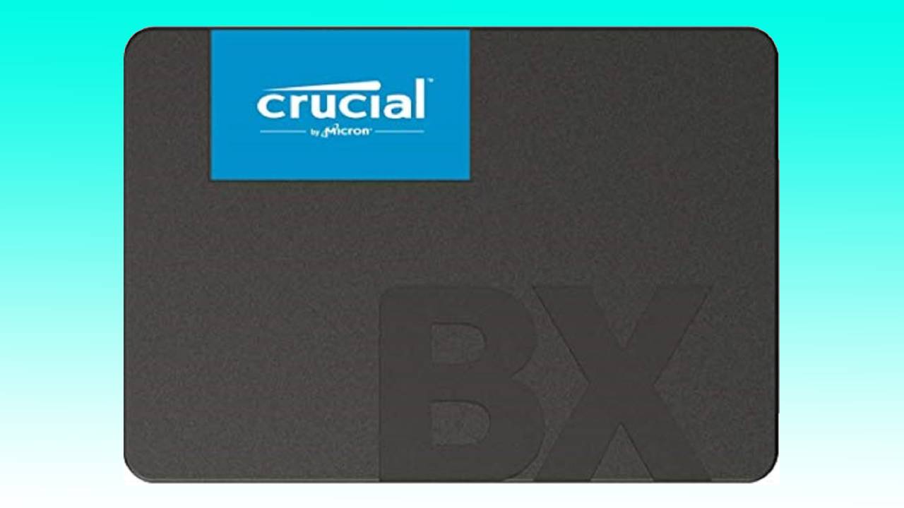 A crucial BX500 1TB internal solid-state drive (SSD) against a blue background.