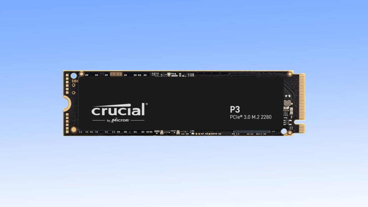 Crucial p3 pcie 3.0 nvme m.2 ssd deal against a blue background.