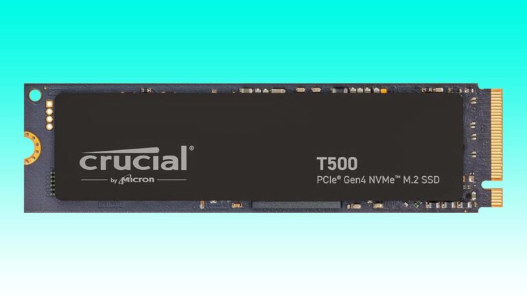 An auto draft image of a crucial t500 pcie gen4 nvme m.2 solid-state drive against a blue background.