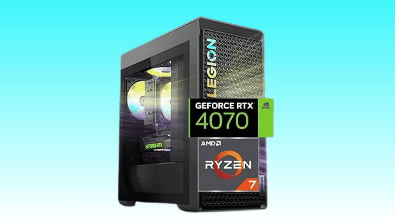 A March deal on a Lenovo Legion T5 gaming desktop pc featuring an Nvidia GeForce RTX 4070 GPU and AMD Ryzen 7 CPU.