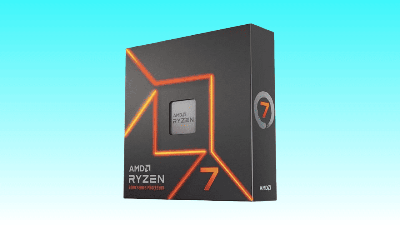 Amazon deal on AMD Ryzen 7 7700X processor packaging on a blue background as price plummets.