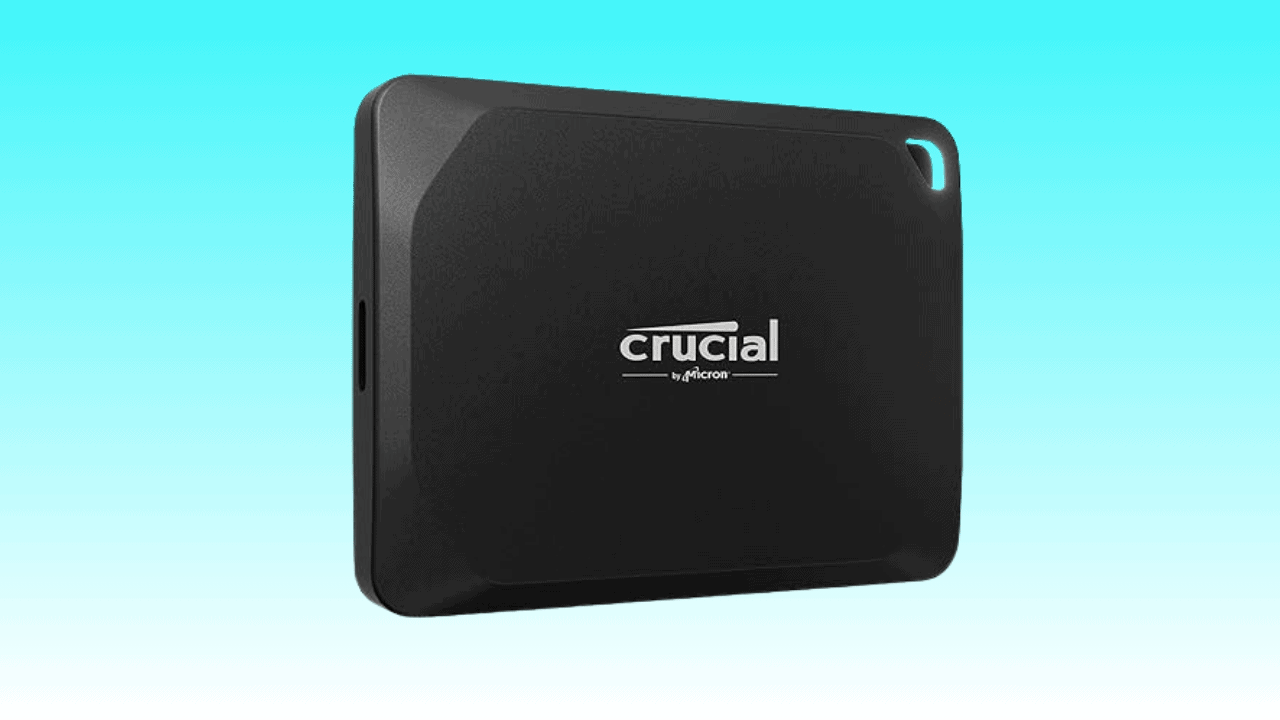 A crucial Amazon Easter deal on the Crucial X10 Pro SSD, a portable solid-state drive against a blue background.