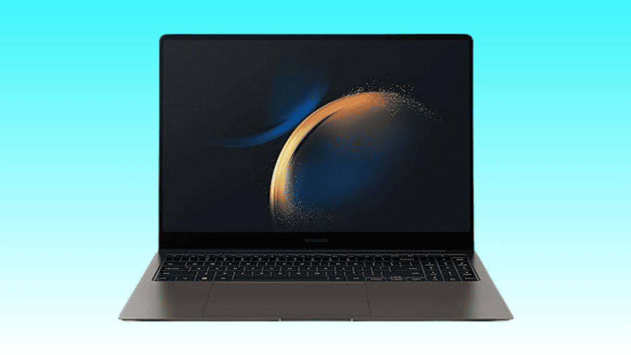 A modern Samsung Galaxy Book3 Pro with a minimalist design displaying a wallpaper of a celestial body on its screen, set against a plain, light blue background.