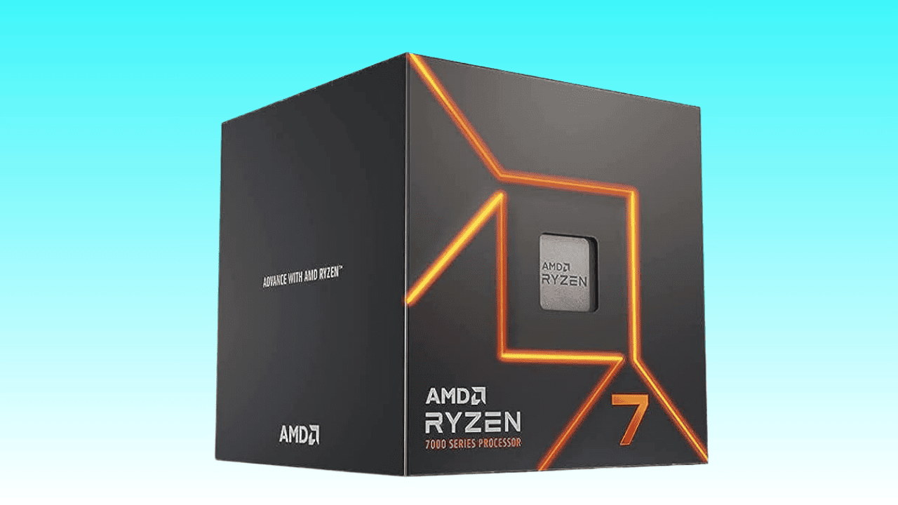 An AMD Ryzen 7 7700 high-performance CPU box on a light blue background.