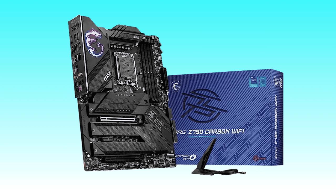 A modern MSI Z790 Gaming Pro Carbon motherboard with Wi-Fi, showcased with its packaging on a teal background, now available in an Amazon deal.