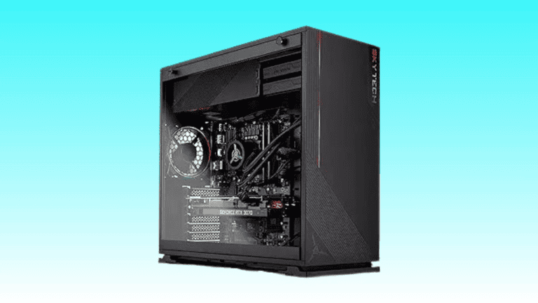 A black gaming PC on a blue background.