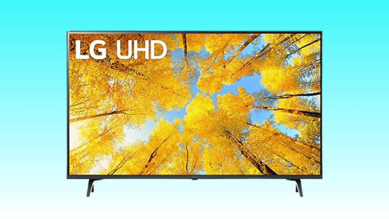 LG UHD TV displaying a vibrant autumn forest scene, now an affordable Amazon deal.