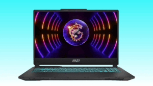 A gaming MSI Cyborg Laptop with an illuminated keyboard and a vibrant display showcasing a dragon emblem.