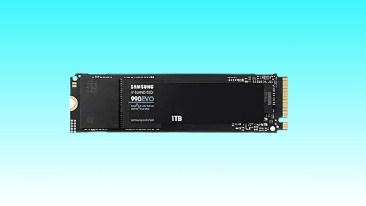 1TB Samsung 990 EVO SSD against a blue background. Spring deal.