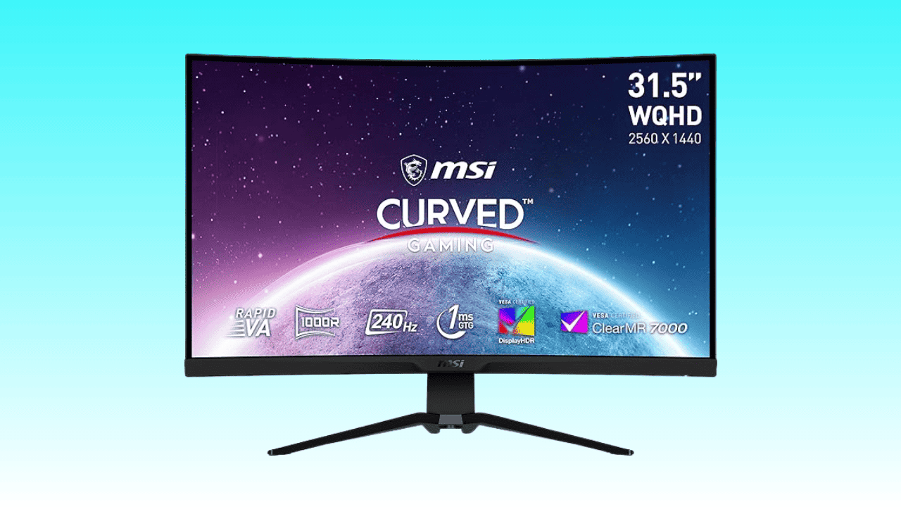 Curved MSI Gaming Monitor displaying its key features against a space-themed background, now available at a fantastic deal.