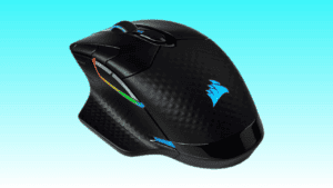 Wireless Corsair gaming mouse with rgb lighting on a blue background.