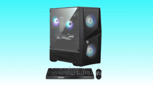 A gaming computer setup with an MSI Codex R tower featuring rgb fans, accompanied by a keyboard and mouse, against a blue background.