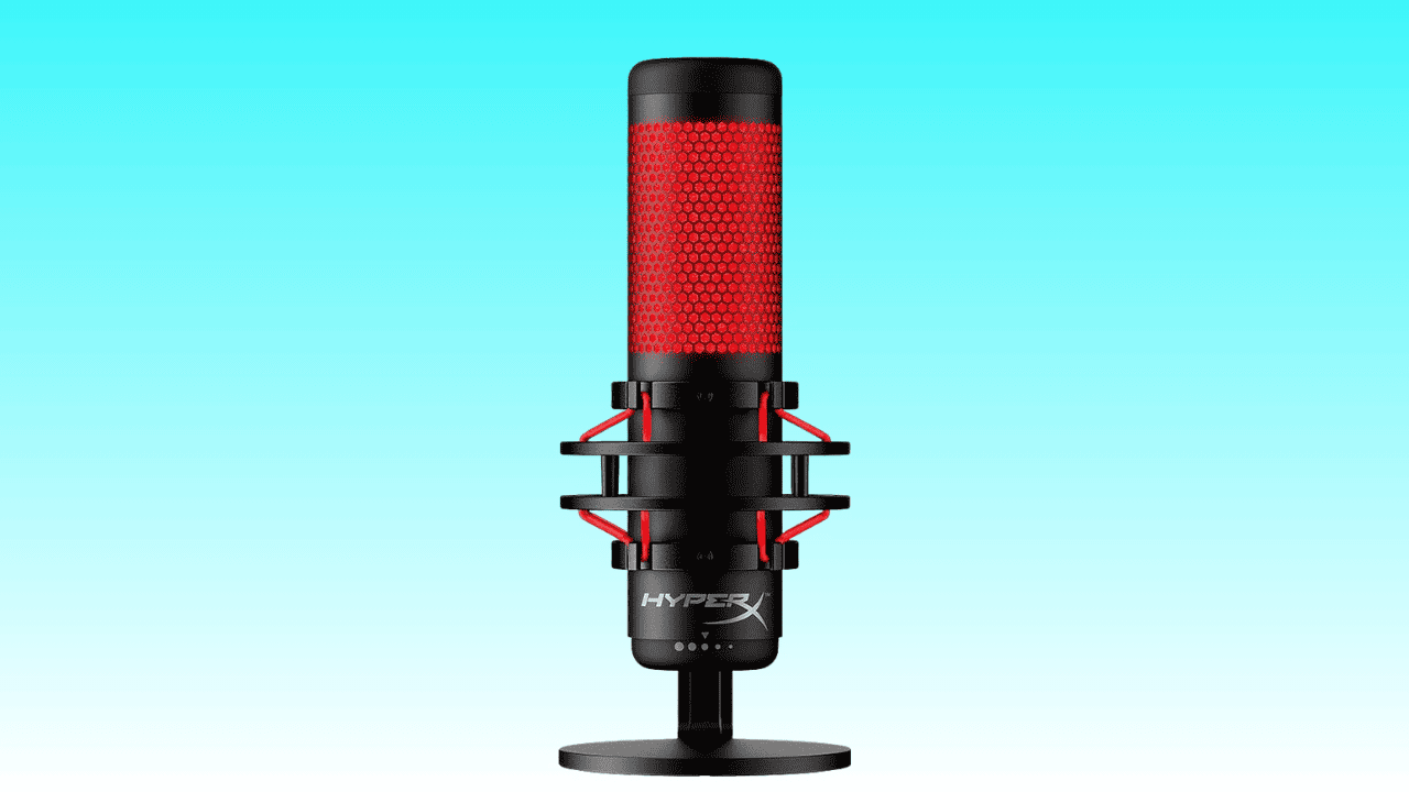 Professional HyperX QuadCast microphone with red led lighting on a blue background.