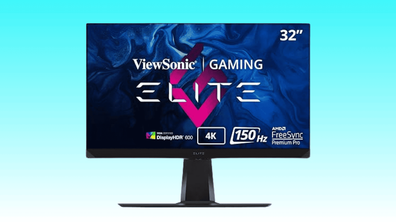 A 32-inch ViewSonic ELITE XG320U 4k gaming monitor with a 150Hz refresh rate and AMD FreeSync Premium Pro technology.