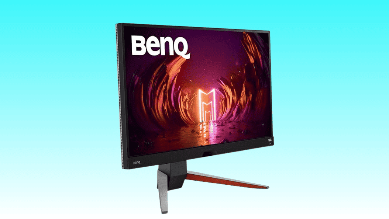 BenQ MOBIUZ EX270QM monitor displaying vivid colors on a blue background.