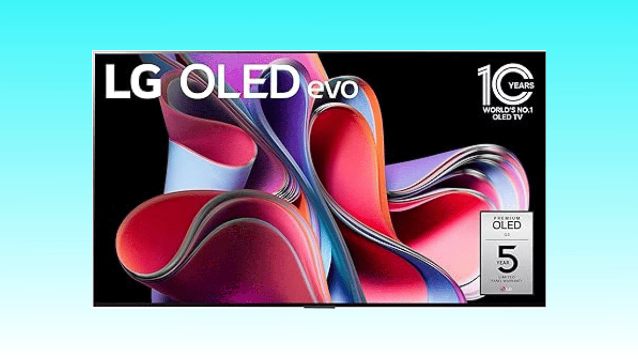 An LG G3 Series OLED evo television, below $2300, displaying colorful abstract graphics, highlighting its display quality and mentioning a 10-year accolade.