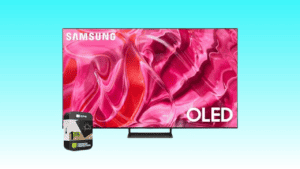 Samsung OLED Smart TV with colorful abstract design on-screen, accompanied by a professional installation offer and an Amazon deal for a limited time.