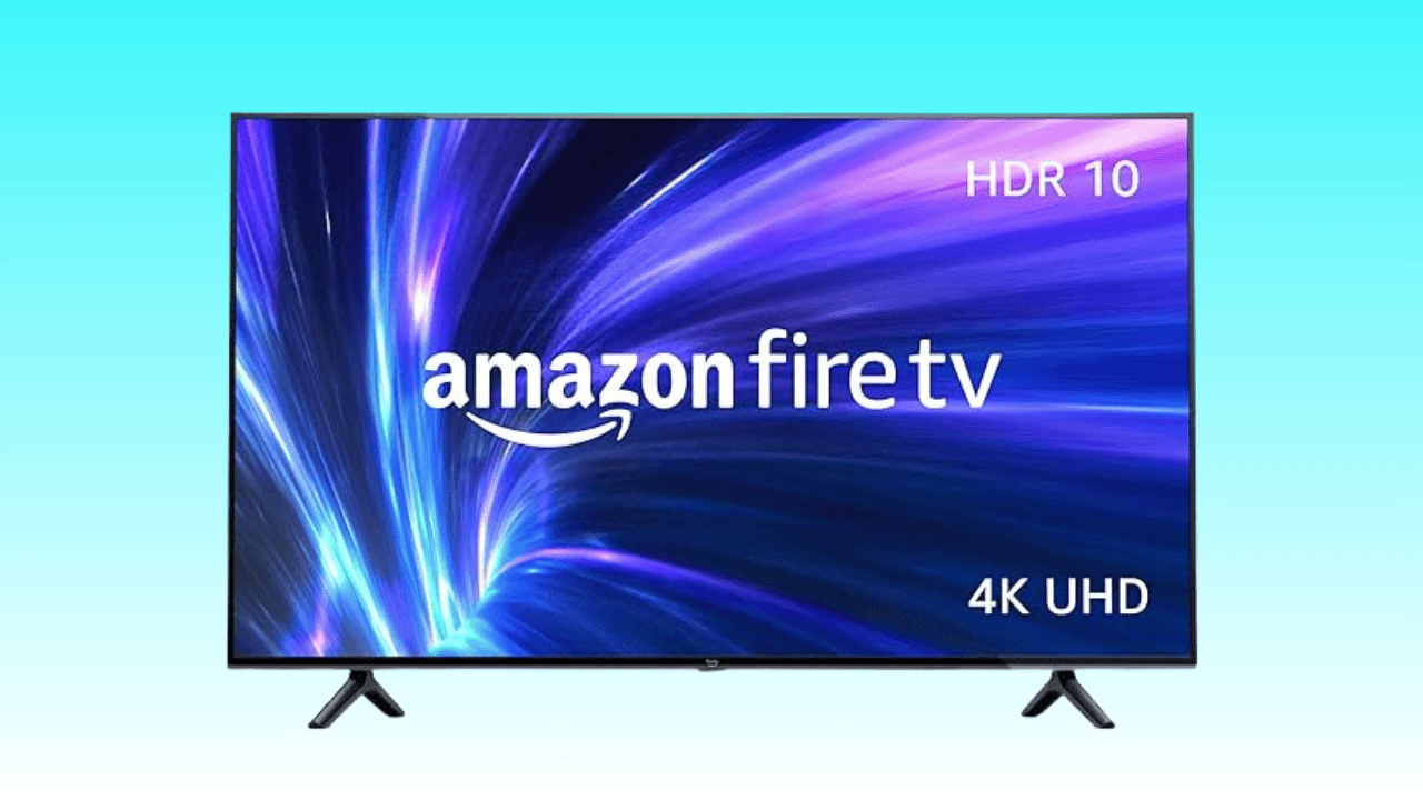 A modern 50-inch 4k uhd television displaying the Amazon Fire TV interface with hdr10 capability.