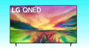 LG 55-Inch Smart TV displaying a colorful abstract landscape image, now available at a crumbled price in the Big Spring Sale.