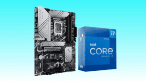 Asus motherboard next to an Intel Core i7-12700K processor box on a blue background, available at the Big Spring Sale.