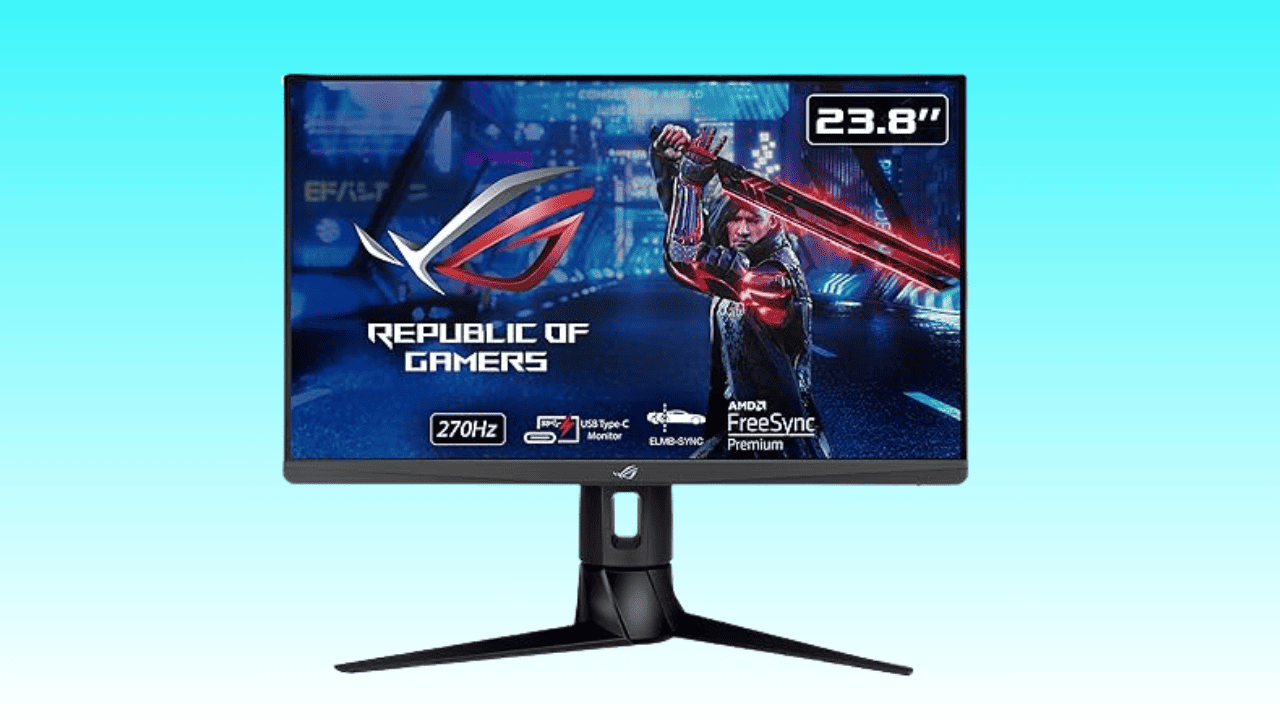 Big Spring Sale: A 23.8-inch ASUS ROG Strix gaming monitor displaying a colorful graphic with features like 270hz refresh rate and AMD FreeSync Premium, now available at a discount