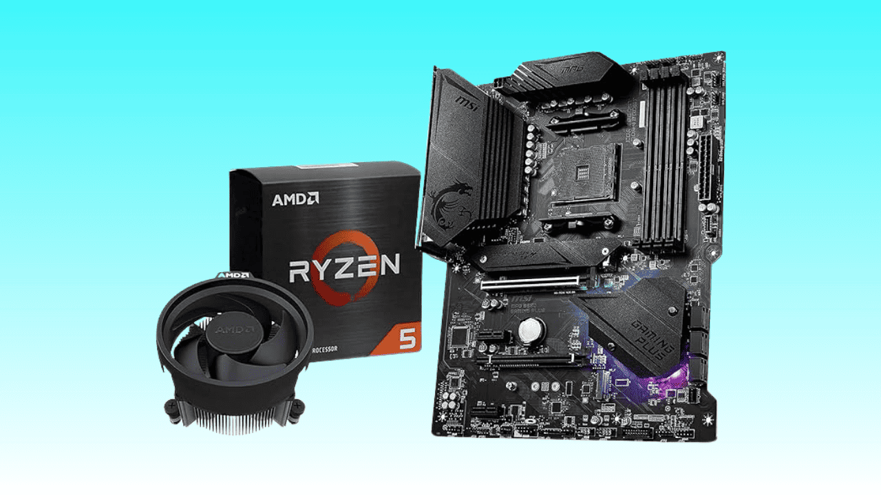 AMD Ryzen 5600X processor box with included cooler and an ATX motherboard on a teal background, available at an affordable price point.