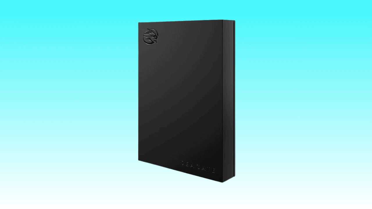 Black Seagate FireCuda gaming HDD with brand logo on a blue background.