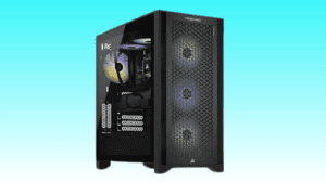 A modern Corsair i7500 Gaming PC with a transparent side panel and illuminated internal components, now available at a price cut in the Big Spring Sale.