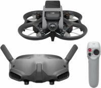 DJI Avata drone with protective frame, remote controller, and handheld controller.