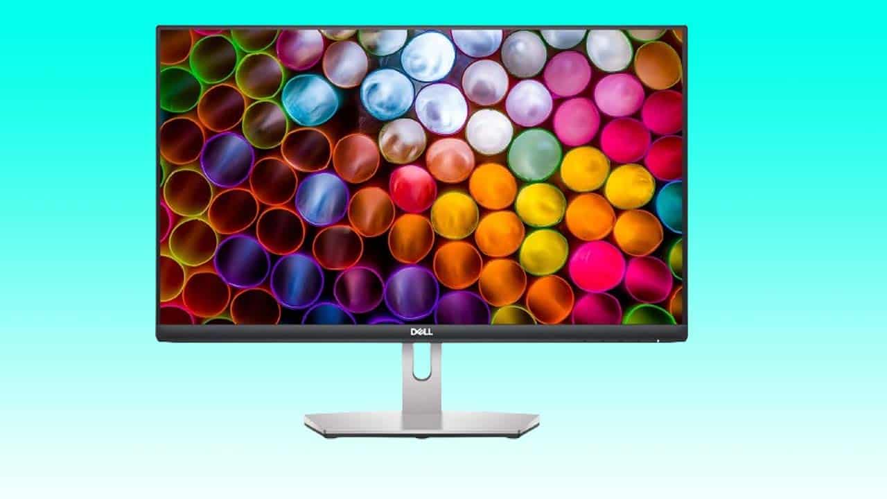 Dell S2421HS 24-Inch FHD Monitor displaying vibrant, colorful abstract image of spheres.