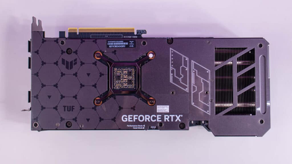An Asus TUF Nvidia RTX 4070 Ti graphics card with its backplate facing upwards.