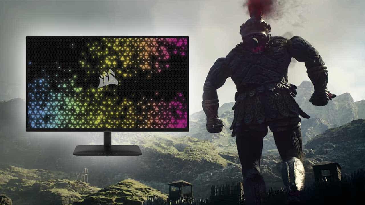 A colorful gaming monitor deal on the left with a graphic knight character on the right set against a mountainous landscape.