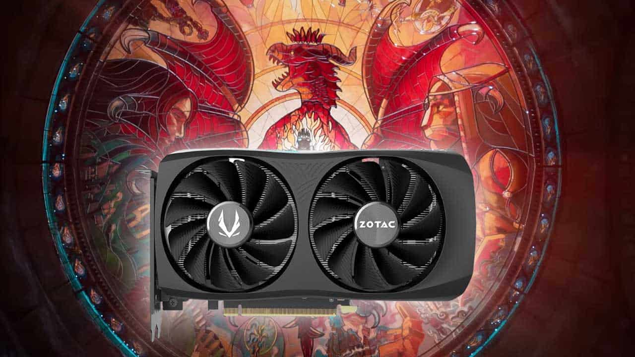 Zotac GPU deal showcased against a decorative dragon-themed backdrop.