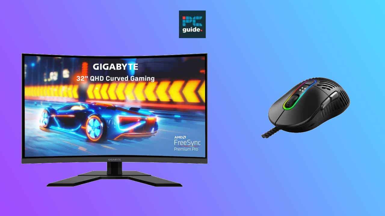 Gaming setup with a 32-inch QHD curved gaming monitor and a gaming mouse on a blue background.