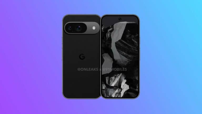 A leaked image of a black Google Pixel 9 smartphone with dual cameras displayed from the front and back views.
