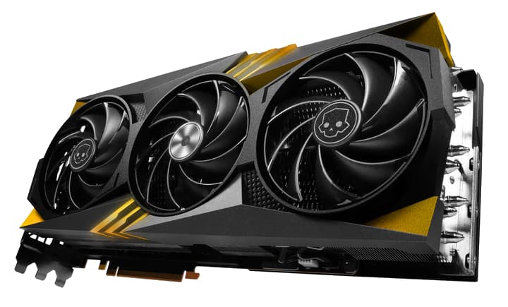 High-performance RTX 4090 graphics card featuring triple cooling fans and a black design with yellow accents.